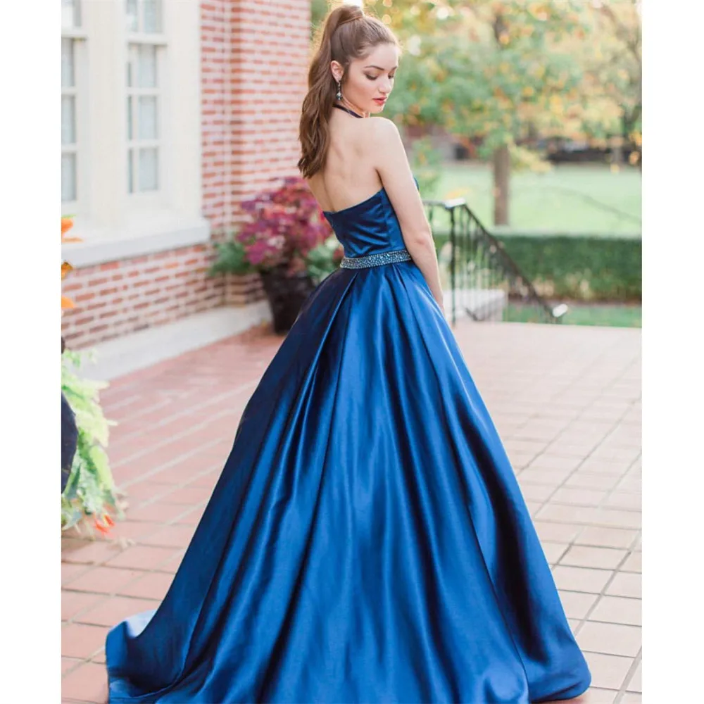 HONGFUYU Elegant Satin Halter Ball Gown Prom Dresses Long Beaded Belt Formal Occasion Gowns Party with Pockets Evening | Свадьбы и