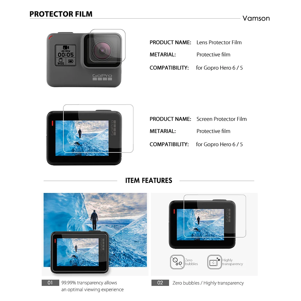 Vamson для Gopro 7 6 5 набор аксессуаров водонепроницаемый корпус защитный чехол монопод для Gopro hero 6 5 Спортивная камера Vamson VS10