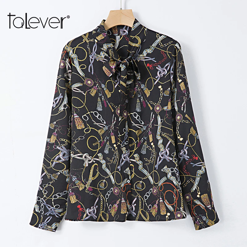 2019 Spring Elegant Shirts Women's Bow Ribbon Printed Long Sleeves Button Blouses Office Lady Black Chiffon Shirt New Talever |