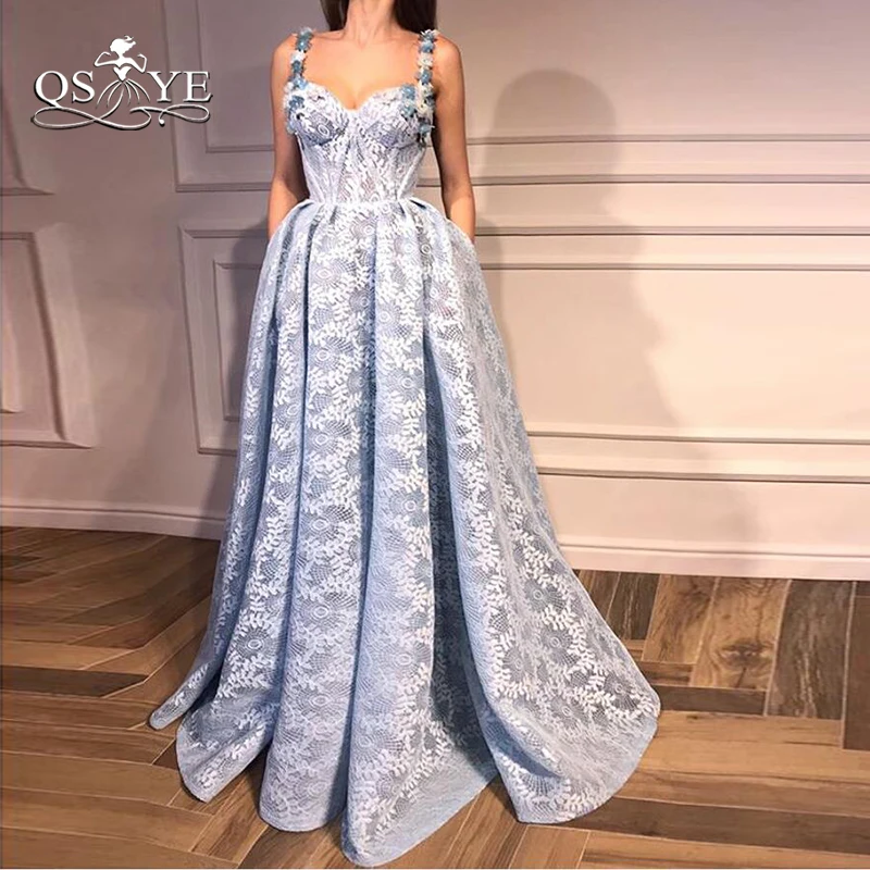 QSYYE 2018 новые синие вечерние платья на тонких бретельках милое 3D Цветочное платье