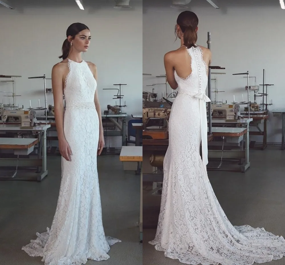 Винтажные Свадебные платья русалки 2020 с вырезом на шее полностью стильные