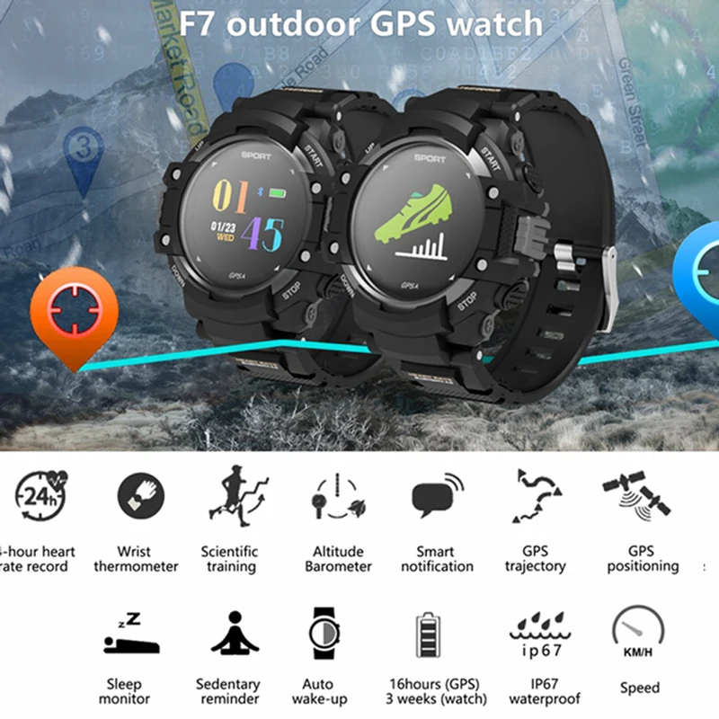 Sport Fashion Smartwatch F7 GPS Smart Watch Man Color LCD Realtime Heart Rate Temperature Monitor Multisport Outdoor | Электроника