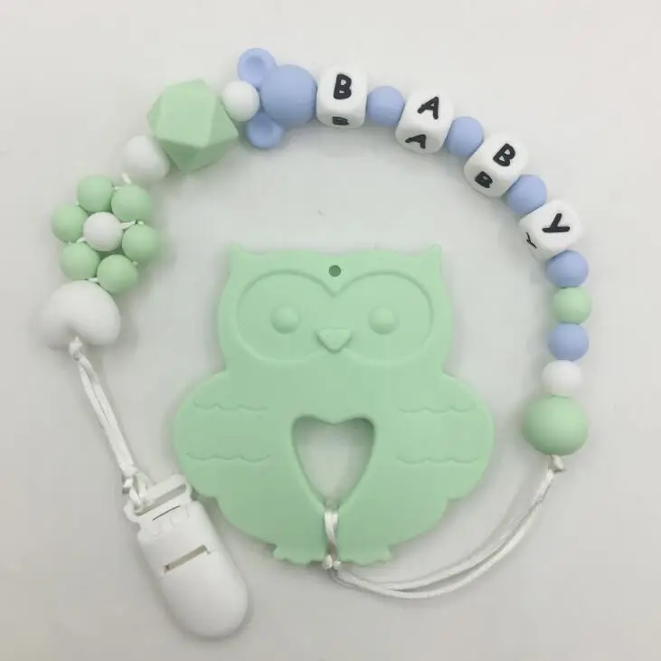Mint green Персонализированное имя Прорезыватель Соска зажим Сова Прорезыватель зубов игрушка переноска для ребенка пищевая бижутерия детская Сова силиконовый зажим для ожерелья - Окраска металла: Mint green