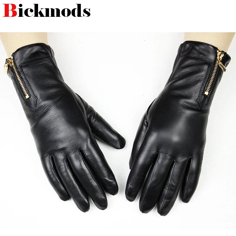 

Sheepskin Gloves Women's Fashion Zipper Style New Thick Coral Fleece Lining Winter Warm High Quality Imported Leather
