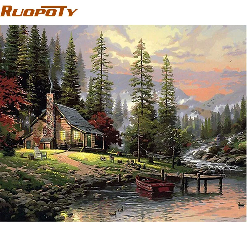 RUOPOTY рамка полевой дом пейзаж DIY картина по номерам ручная роспись масляная