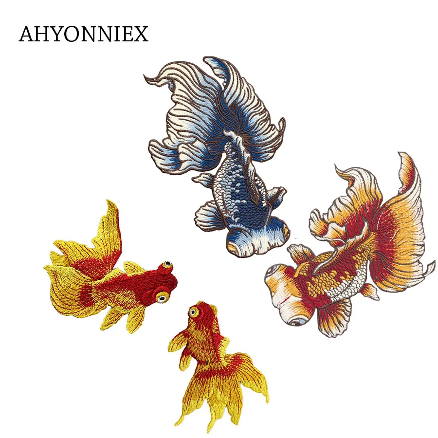 Большие черные вышитые патчи AHYONNIEX с рыбками японские стильные Швейные наклейки