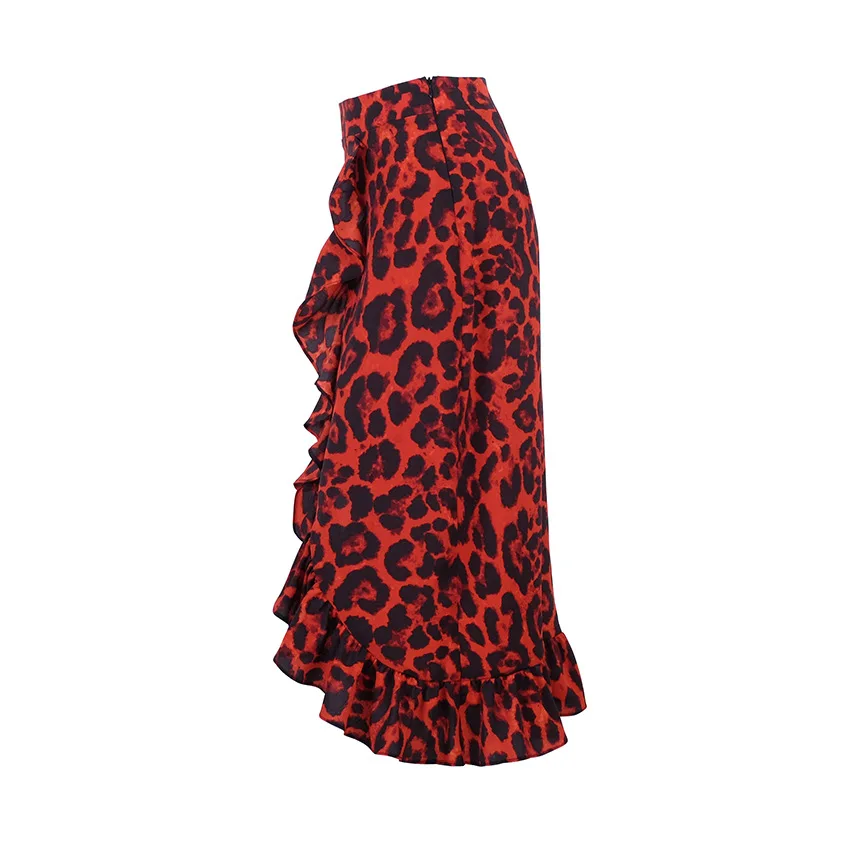 Melegant High Waist Vintage Skirt Women Sexy Leopard Print Red Party Split Midi Skirts Ruffe Asymmetrical Female Faldas | Женская одежда