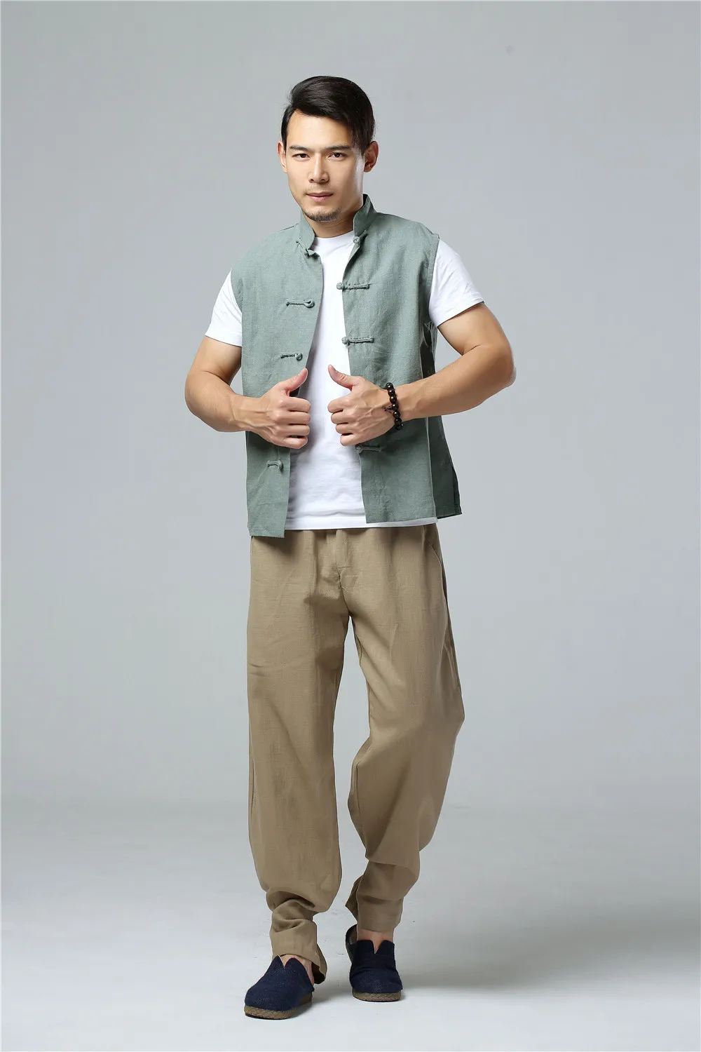 LZJN Men's Summer Waistcoat Chinese Style Vintage Breathable Linen Button Down Kung Fu Shirt Sleeveless Vest Jacket
