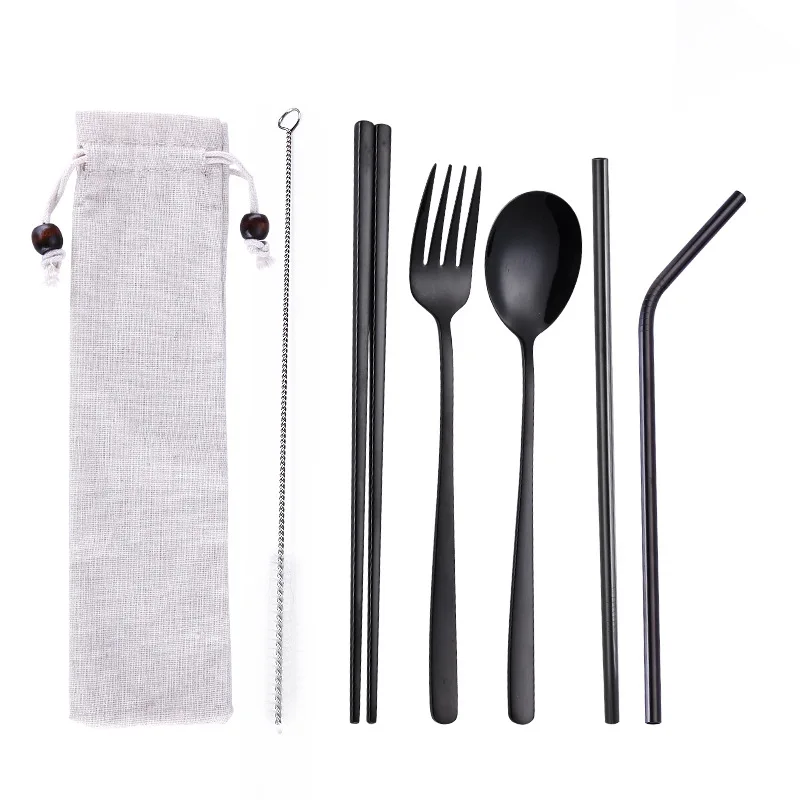 Black - 5 PCS - A Столовая посуда из нержавеющей стали набор ложка Вилка палочки для еды соломы с упаковка ткани столовые приборы для путешествий на открытом воздухе офиса пикника барбекю - Цвет: Black - 5 PCS - A