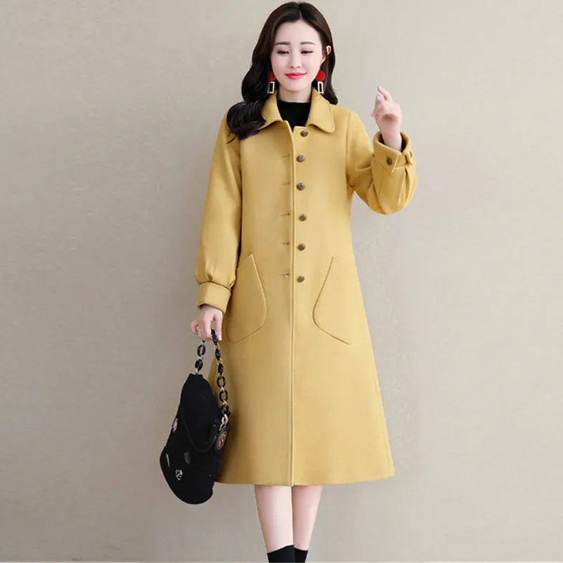 

UHYTGF Plus size Wool Coat Woman Long Windbreaker Outerwear Long sleeve single breasted Winter Warm Woolen Coat High quality 837