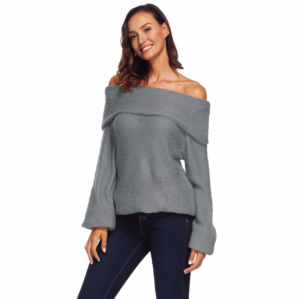 Ladies 2018 Autumn Hot New Sweater Long Sleeve Sexy Slash Neck Knit Loose Solid Pullovers Fashion | Женская одежда