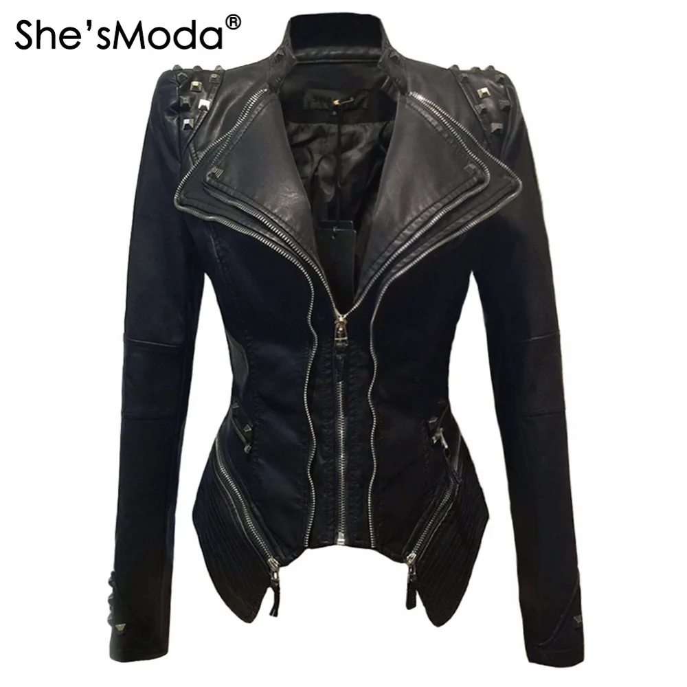 Женская облегающая куртка смокинг She'sModa из искусственной кожи с заклепками и