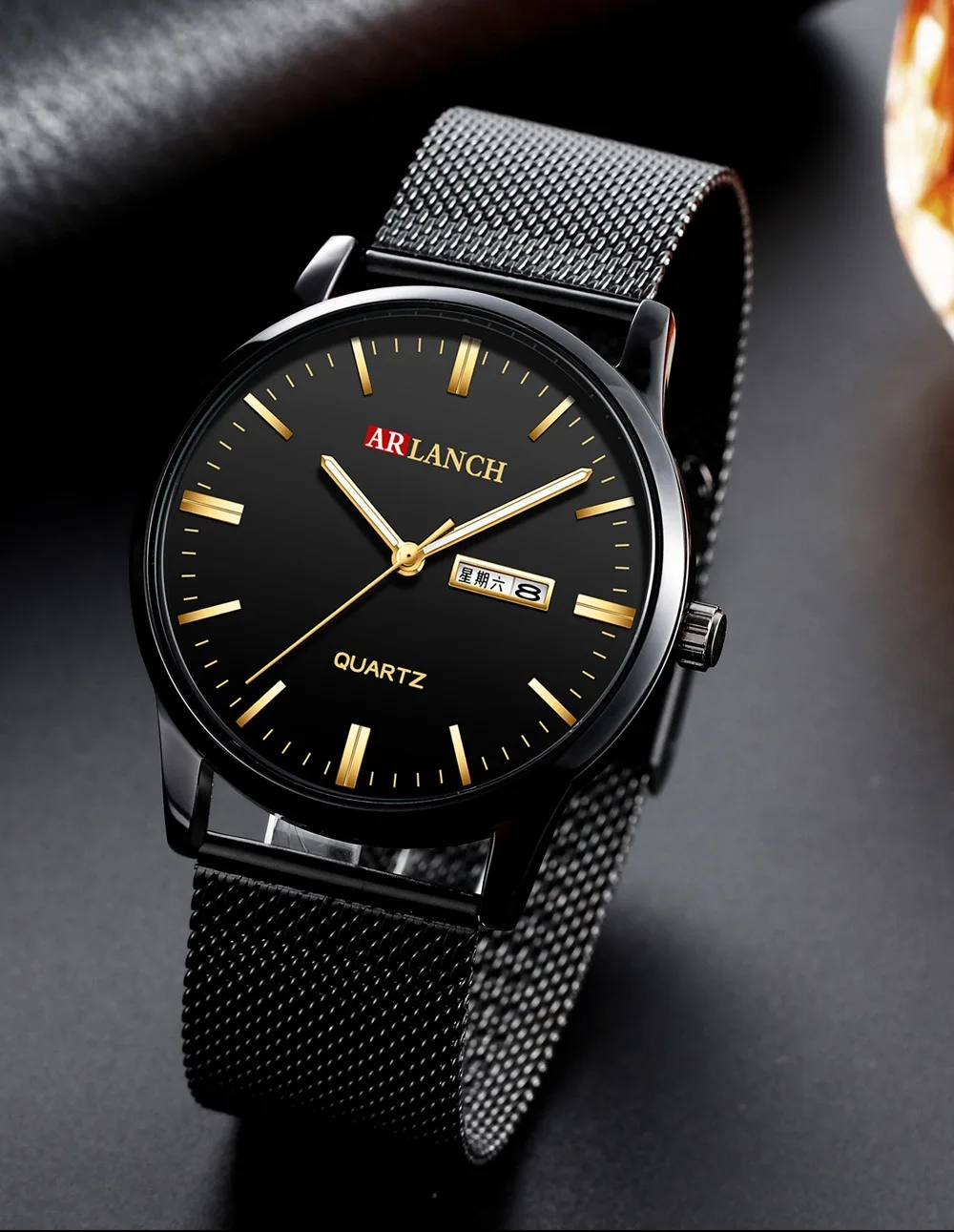 Men's Week Calendar Double Display Quartz Waterproof Watches Stainless Steel Net Belt Business Wristwatch Relogio Masculino | Наручные