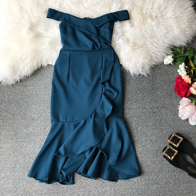ALPHALMODA 2019 Лето Для женщин Slash шеи с оборками Vestidos Твердые Цвет Разделение Раффлед