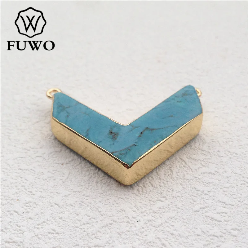 

FUWO Wholesale Natural Kallaite V Shape Pendants With Double Bails Gold Trim Howlite Stone For Jewelry DIY Making PD001