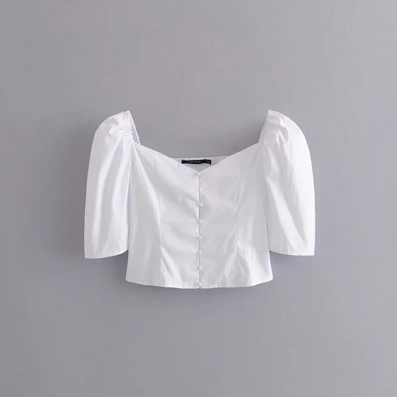 2019 Женская Формальная белая блузка укороченный Топ женский винтажный v-образный