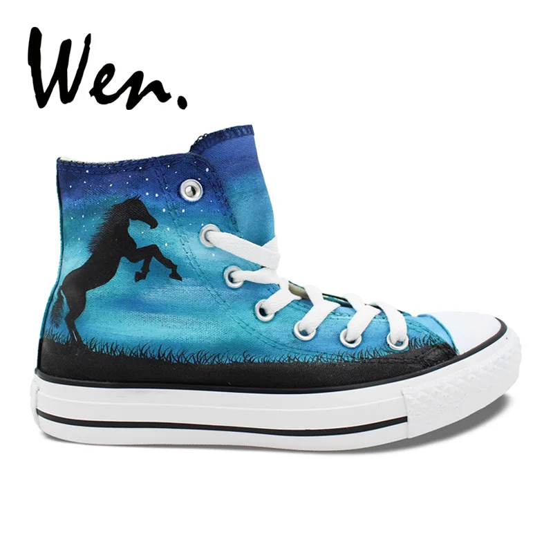 

Wen Original Design Custom Hand Painted Shoes Horse Nebula Blue High Top Men Women's Canvas Sneakers Christmas Gifts