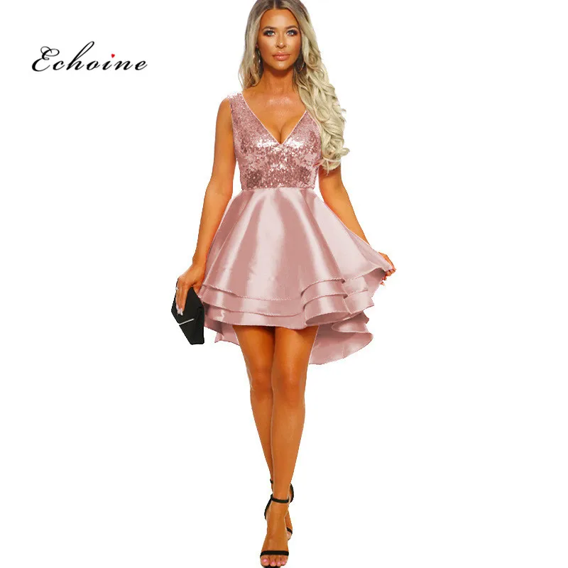 

Echoine Party Princess Dress Evening Sexy V-Neck Sequined Cascading Ruffle Short Midi Irregular Hem Female Vestido Women Clothes
