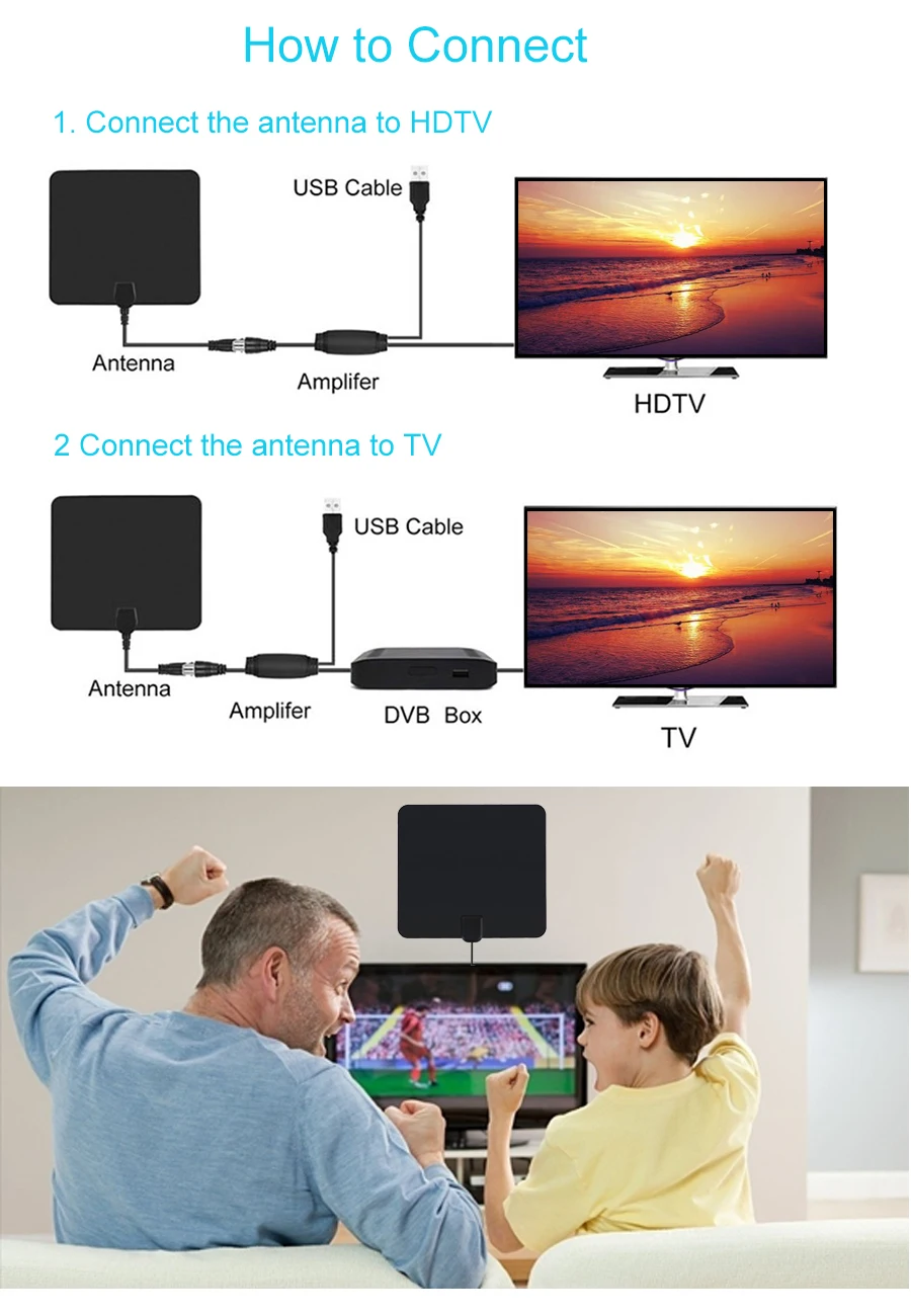 Цифровая ТВ антенна с высоким коэффициентом усиления HD tv для DVB-T2 Box 4K 80 Miles с усилителем активная Внутренняя антенна 1080P плоский дизайн Испания русский