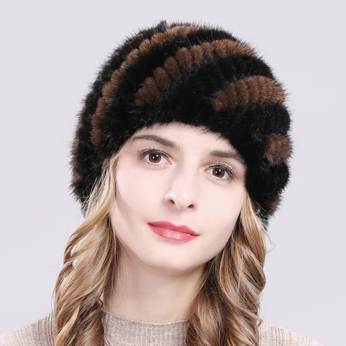 brown and black Русская зима Rea натуральные шапочки с мехом норки шапка вязаная женская Настоящая норковая шапка s хорошее эластичное качество полосатая Дамская норковая шапка - Цвет: brown and black