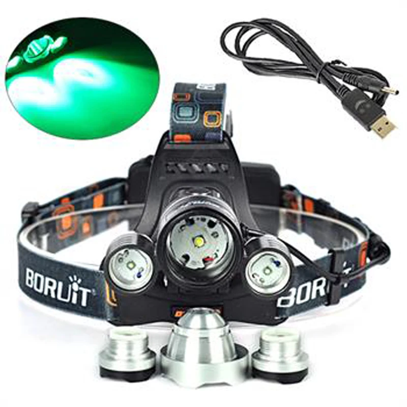 Налобный фонарь BORUIT 6000LM 3x T6 белый + 2R2 зеленый светодиодный налобный USB для
