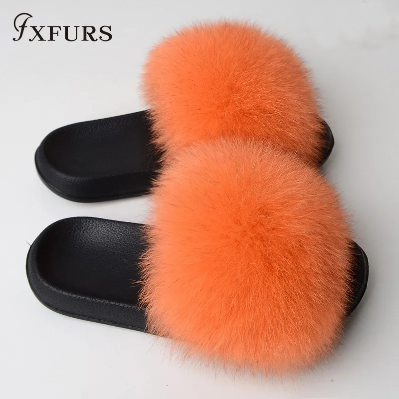 FXFURS/ г.; модные женские шлепанцы с лисьим мехом; сезон лето; пушистый мех; шлепанцы; пляжные скандалы; уличная ярмарка; шлепанцы; модная плюшевая обувь - Цвет: orange