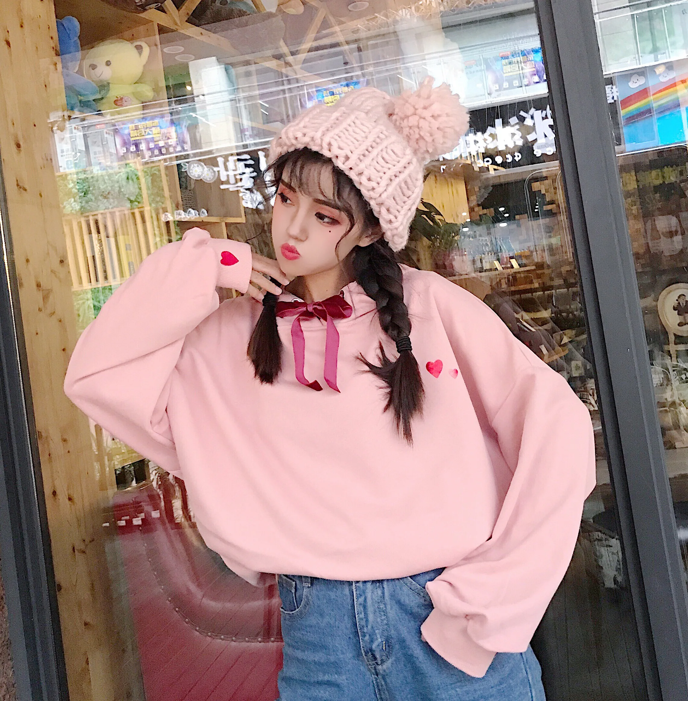 Harajuku толстовка женская осень зима корейский стиль милое сердце флис толстый с капюшоном длинным рукавом кофты Женские топы