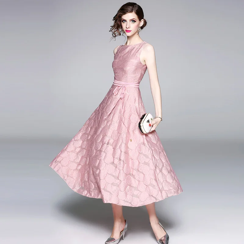 2018 летнее женское розовое жаккардовое платье без рукавов roes Vestidos длинное на