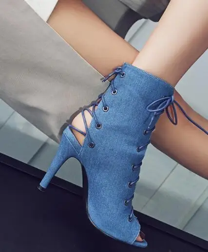 Джинсовые синие ботильоны в европейском стиле 2017 г. Летние пикантные