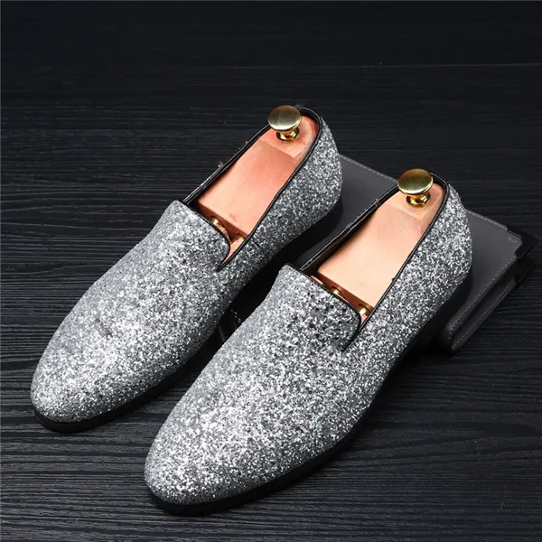 Silver Loafers Merkmak/мужские лоферы с блестящими пайетками; удобные повседневные мужские модельные туфли с блестящими пайетками; мужская обувь на плоской подошве без шнуровки; большие размеры 38-48 - Цвет: Silver Loafers