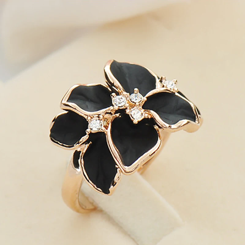Hot Sale Rose Gold Color Delicate Crystal Black Enamel Flower Female Ring Elegant Charm Quality Wedding Jewelry Accessories | Украшения и