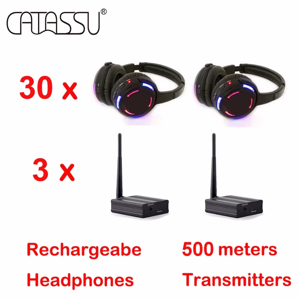 

Factory shipping 500m LED wireless silent disco headphone 30 headphones plus 3 transmitters package