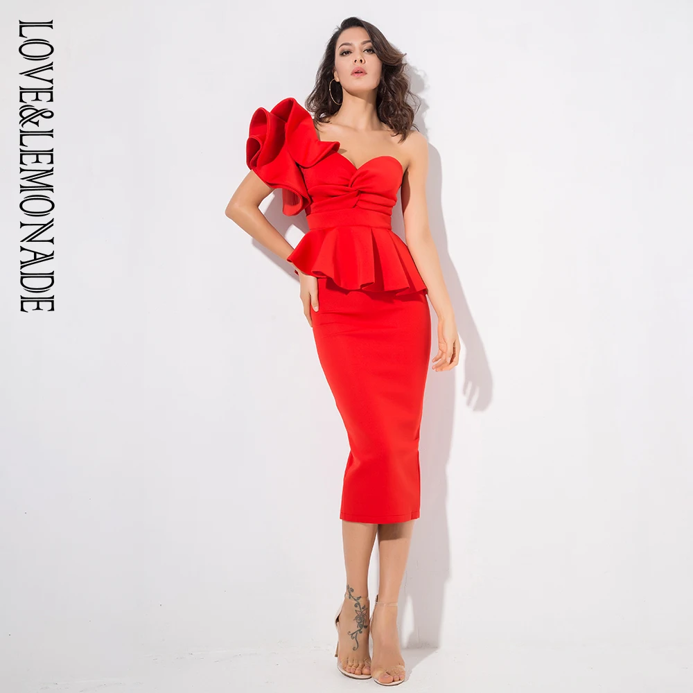 Love& Lemonade красный облегающий комплект из двух предметов на одно плечо с оборкой LM1192