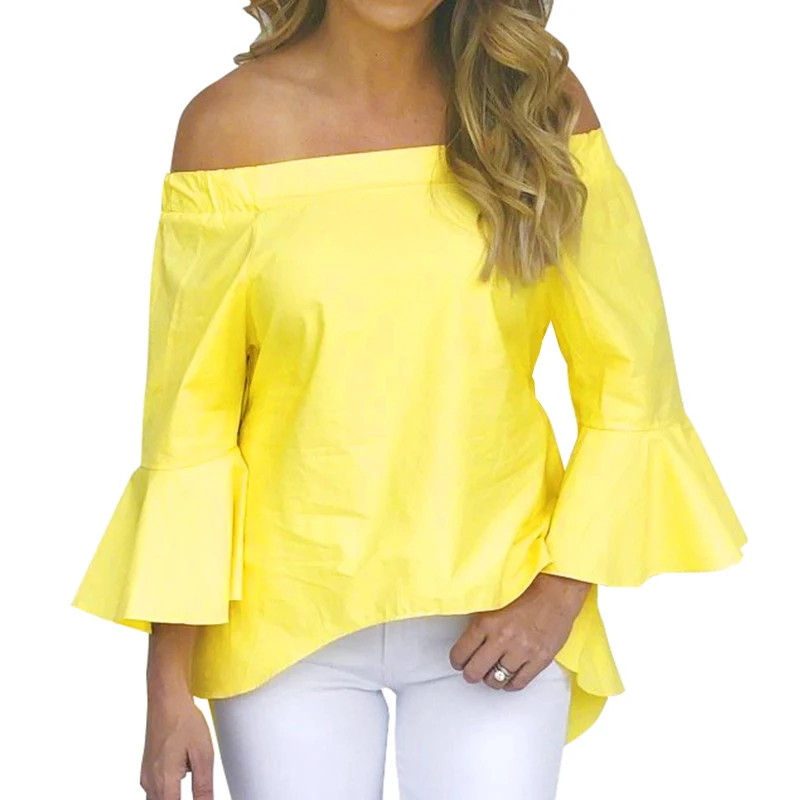 Women Bardot Top Brief Flare Sleeve Shirt Ladies Tunic Off Shoulder Blouse Spring |