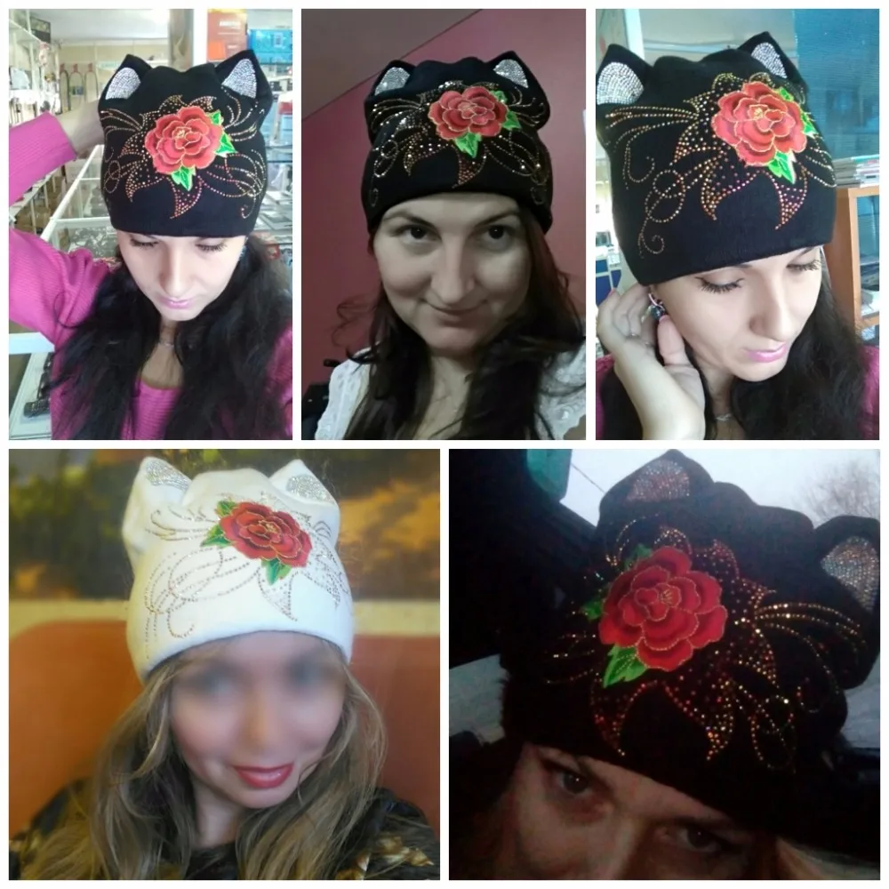 

New Design Women Beanies Skullies Cute Red Rose Girl Autumn Winter Hat With Cat Ear Rhinestone floral woman beanie winter hats