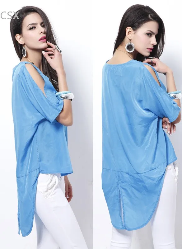 Высококачественные женские летние небесно Голубые атласные топы с рукавами