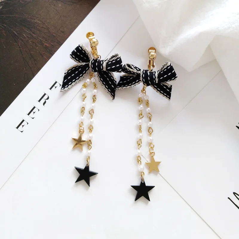 black clip earring Серьги-клипсы на завязках с лентами и кружевным бантом-бабочкой без пирсинга, длинные жемчужные серьги на цепочке в форме звезды для женщин - Окраска металла: black clip earring
