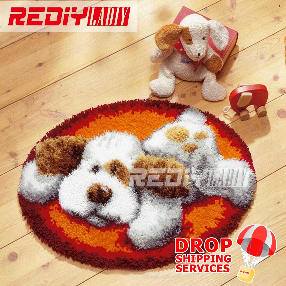 

Latch Hook Rug Kits DIY Needlework Unfinished Crocheting Rug Yarn Cushion Mat White Dog at Rest 3D Embroidery Decorative Carpet