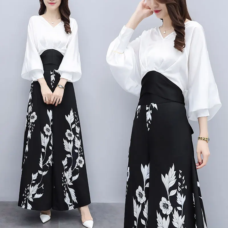 Шифоновый Женский комплект 2 шт. с цветочным принтом и рукавами фонариками костюм