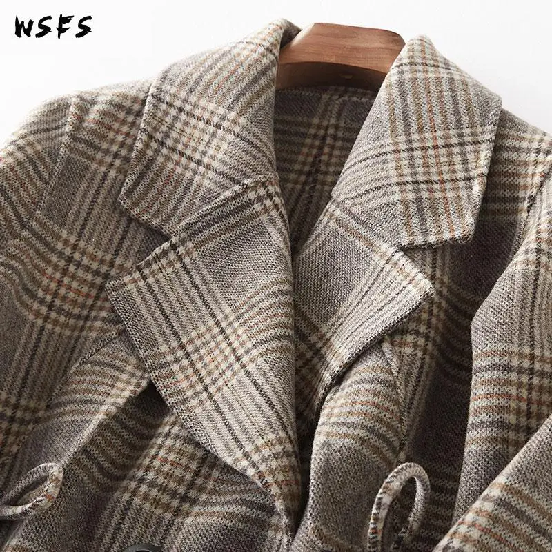 

Winter Coat Coffee Plaid Turndown Pleated Long Sleeve Sheep Wool Coats Women Bodycon Oversize Elegant Woolen Overcoat Outerwear