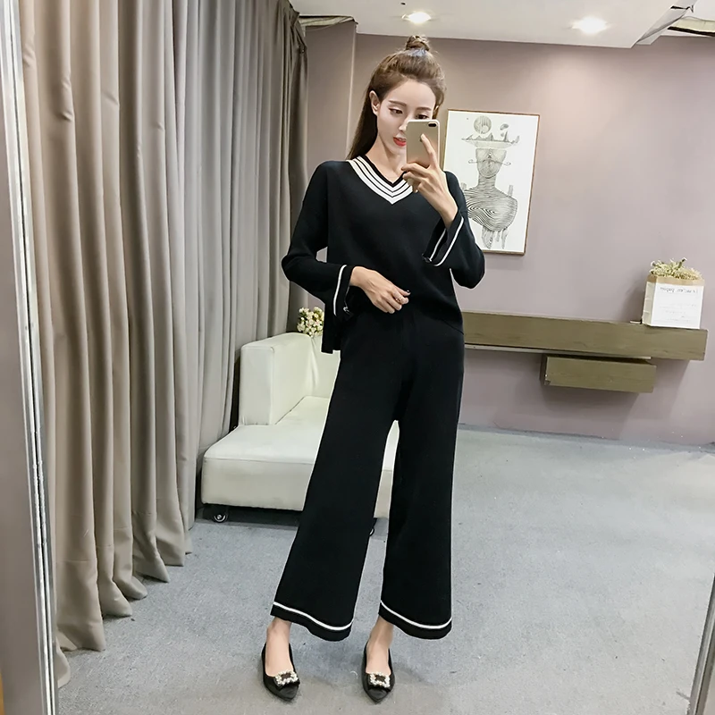 

women v-neck horn sleeve sweater & wide-legged pants suit autumn new twinset sweaters korean fashion casual plus size vestidos