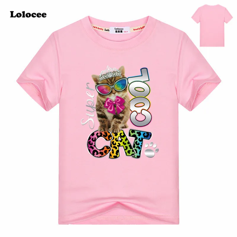 Pink Модные футболки с объемным рисунком кота, летняя Милая брендовая одежда для детей, топы с короткими рукавами и принтом для девочек, одежда для маленьких мальчиков 3-13 лет - Цвет: Pink