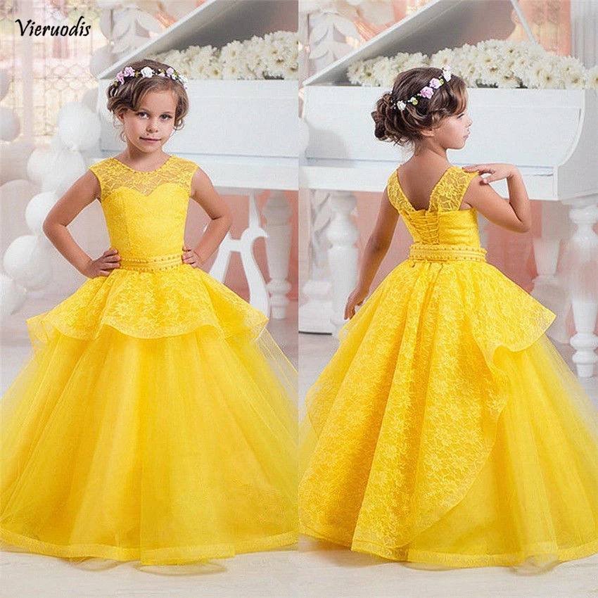 Elegant Dresses for Birthday Kids Yellow Tulle Lace Flower Girl Princess Gown Floor Length For Wedding Party Dress | Свадьбы и