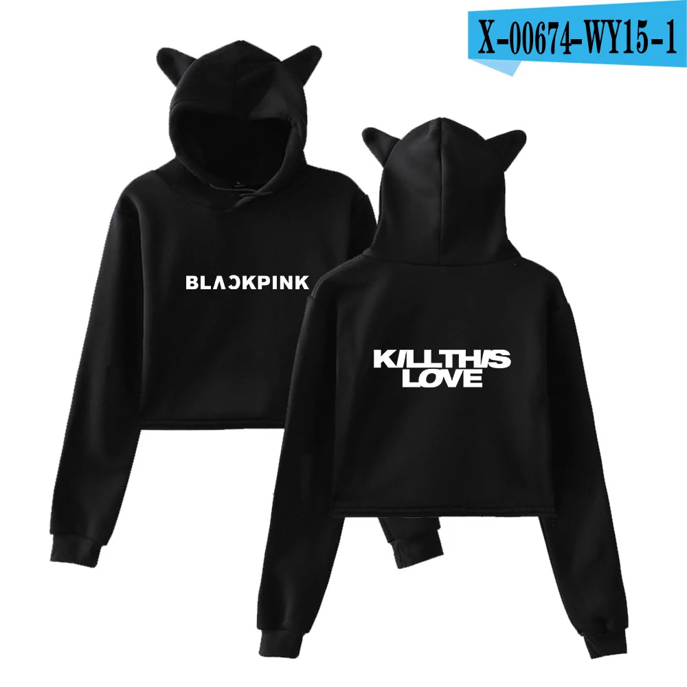 Черный розовый альбом KILL THIS LOVE Basic Street Повседневные толстовки с кошачьими ушками Толстовка для женщин крутой пупок Толстовки размер - Цвет: black