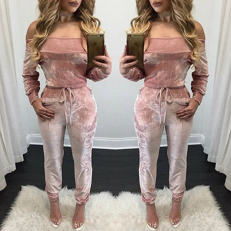 2017 Новинки для женщин Мода с плеча Сексуальная велюр Комбинезоны женские