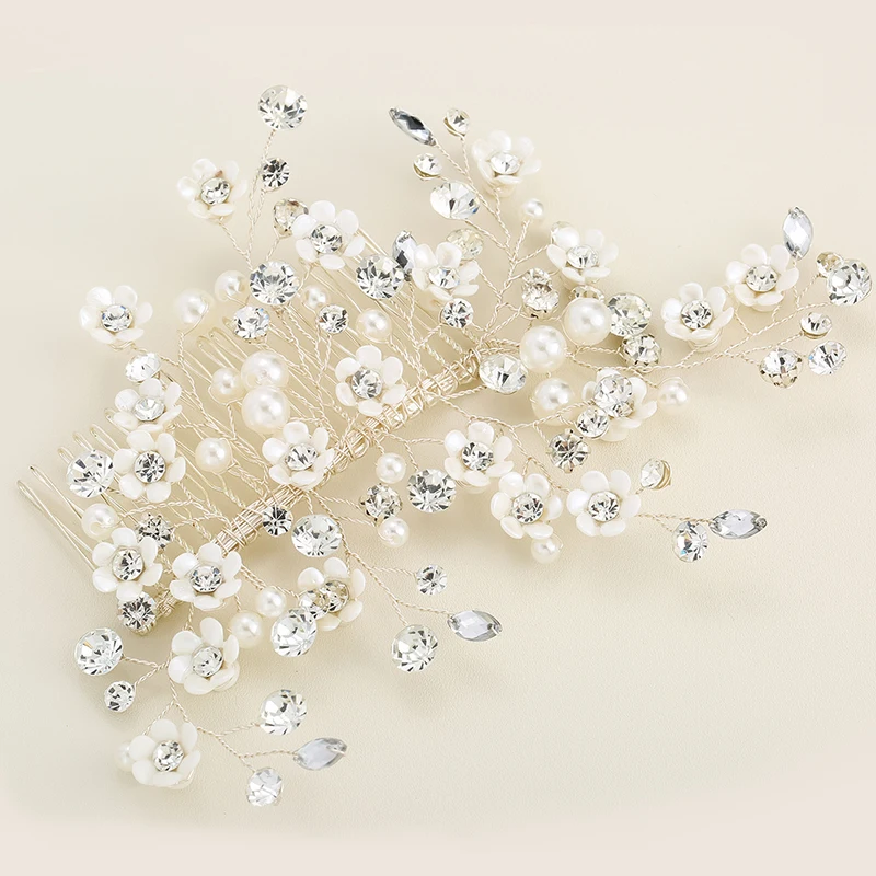 Fashion White Small Flowers Crystal Pearls Bridal Hair Combs Clips Wedding Ornaments Jewelry for Bride | Украшения и аксессуары