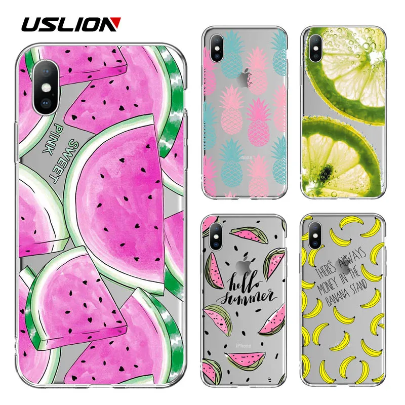 USLION Soft Silicone Fruits Printed Phone Case For iPhone X XS XR Xs Max Transparent TPU Cover 6 6s 7 8 Plus 5 5s SE |