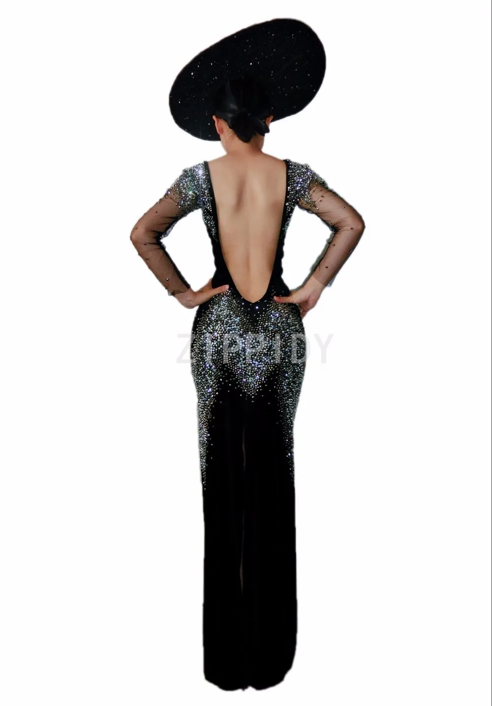 Sparkly Rhinestones Long Dress Black Backless Clothes Women's Birthday Celebrate Female Singer DS Nightclub Mesh Sleeves Outfit | Женская