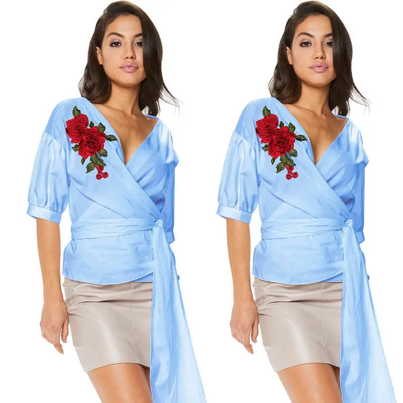 

Fashion Embroidery Floral Women Shirt Summer Short Sleeve Tops Casual Blouse Loose Chiffion Shirt