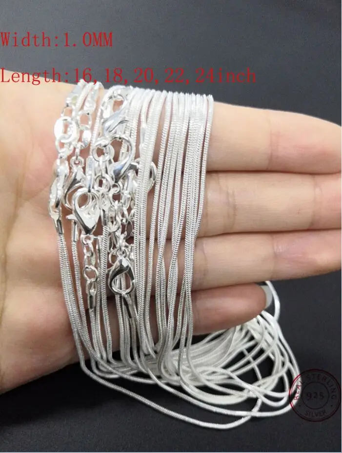 24inch snake chain 10 шт. с фабрики 925 стерлингового серебра ожерелье цепочка Ювелирные изделия Женское модное мужское ожерелье для кулона 16,18, 20,22, 24 дюйма - Окраска металла: 24inch snake chain